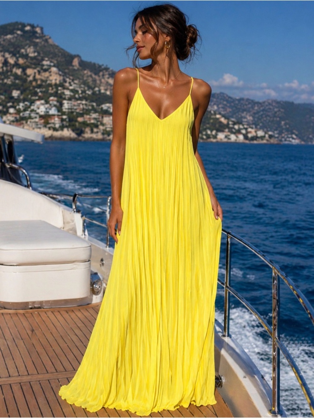 She + Sky Yellow Pleated V-Neck Maxi Dress